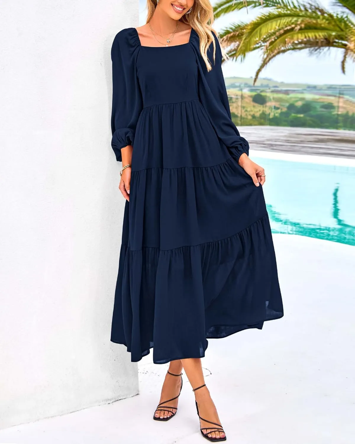 BTFBM Women Formal Dress Spring Square Neck Puff Long Sleeve Smocked Tiered Flowy Wedding Guest Maxi Dresses Pockets