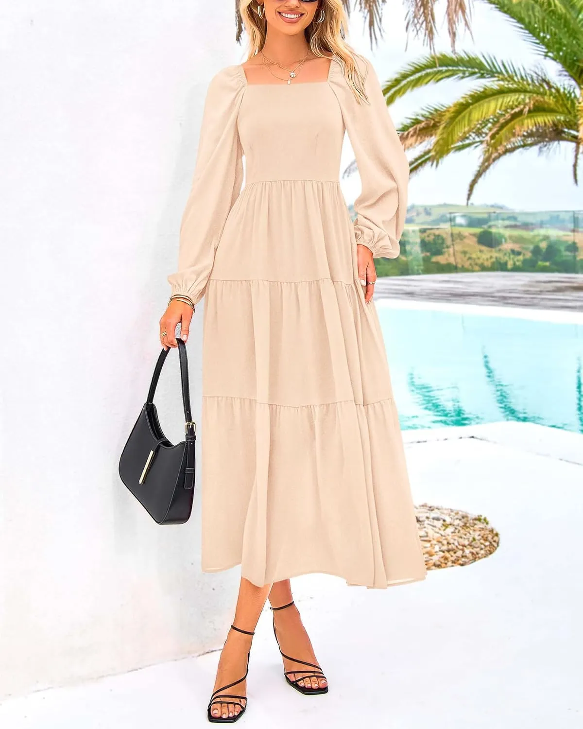 BTFBM Women Formal Dress Spring Square Neck Puff Long Sleeve Smocked Tiered Flowy Wedding Guest Maxi Dresses Pockets