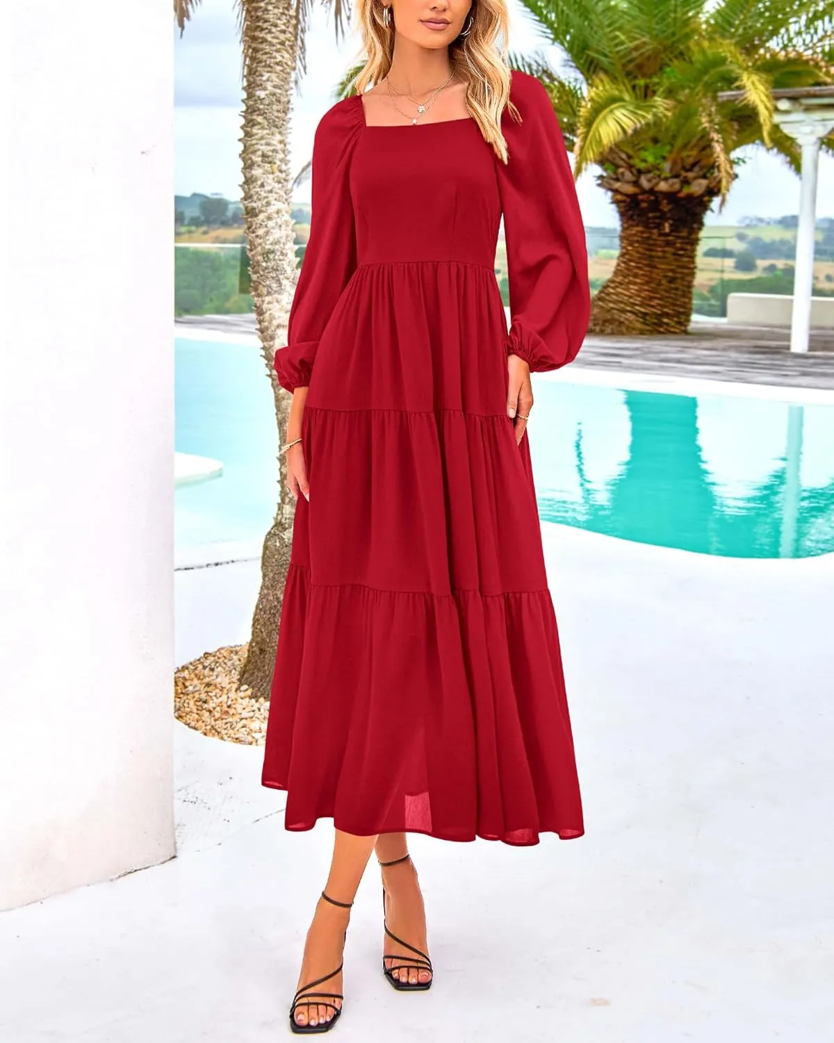 BTFBM Women Formal Dress Spring Square Neck Puff Long Sleeve Smocked Tiered Flowy Wedding Guest Maxi Dresses Pockets