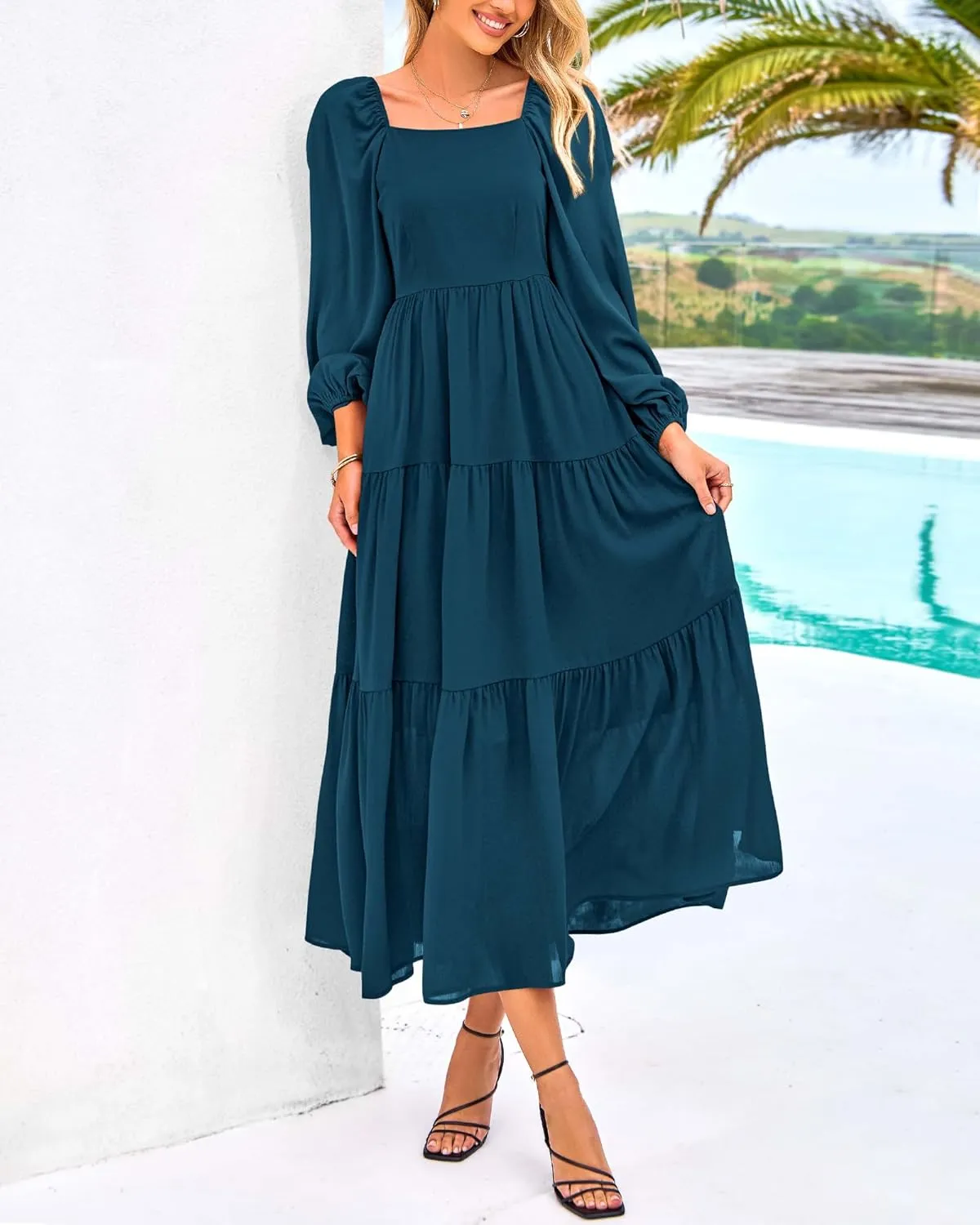 BTFBM Women Formal Dress Spring Square Neck Puff Long Sleeve Smocked Tiered Flowy Wedding Guest Maxi Dresses Pockets