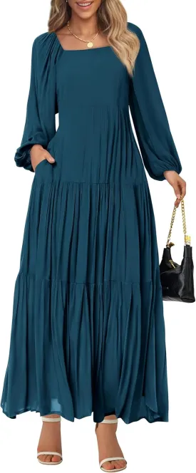 BTFBM Women Formal Dress Spring Square Neck Puff Long Sleeve Smocked Tiered Flowy Wedding Guest Maxi Dresses Pockets