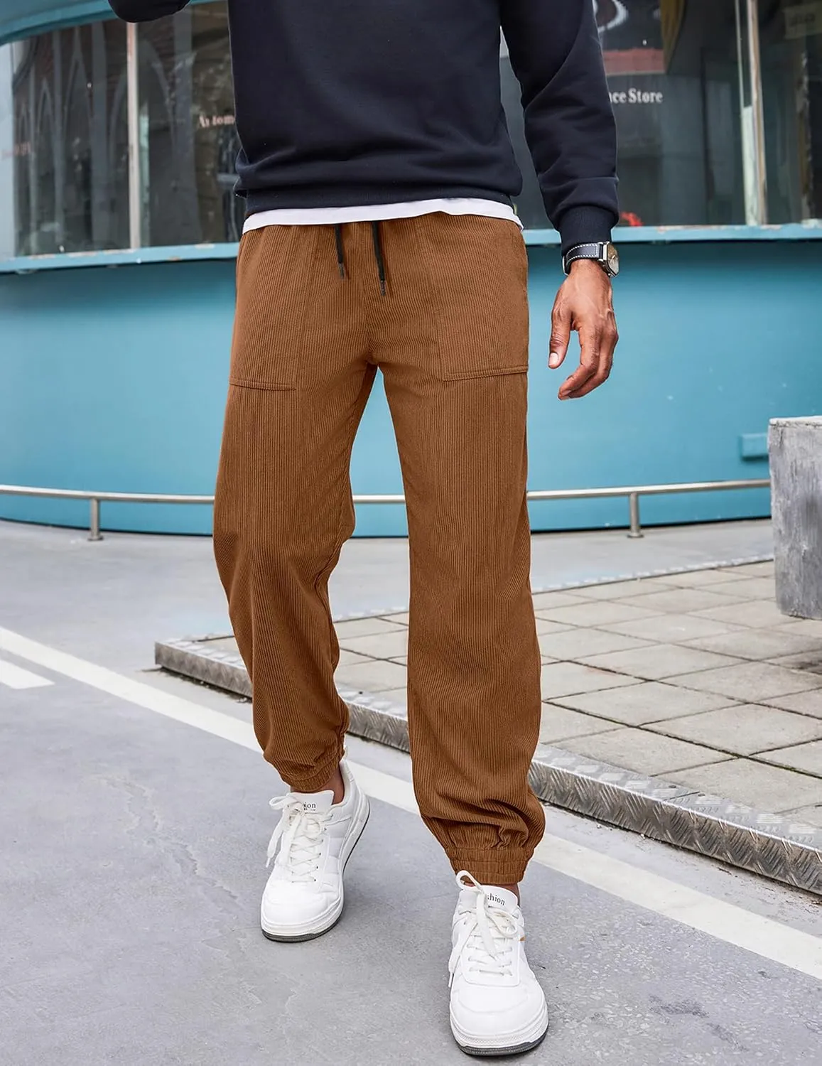 COOFANDY Men's Corduroy Pants Casual Drawstring Trousers Elastic Waist Fashion Tapered Streetwear Joggers with Pockets