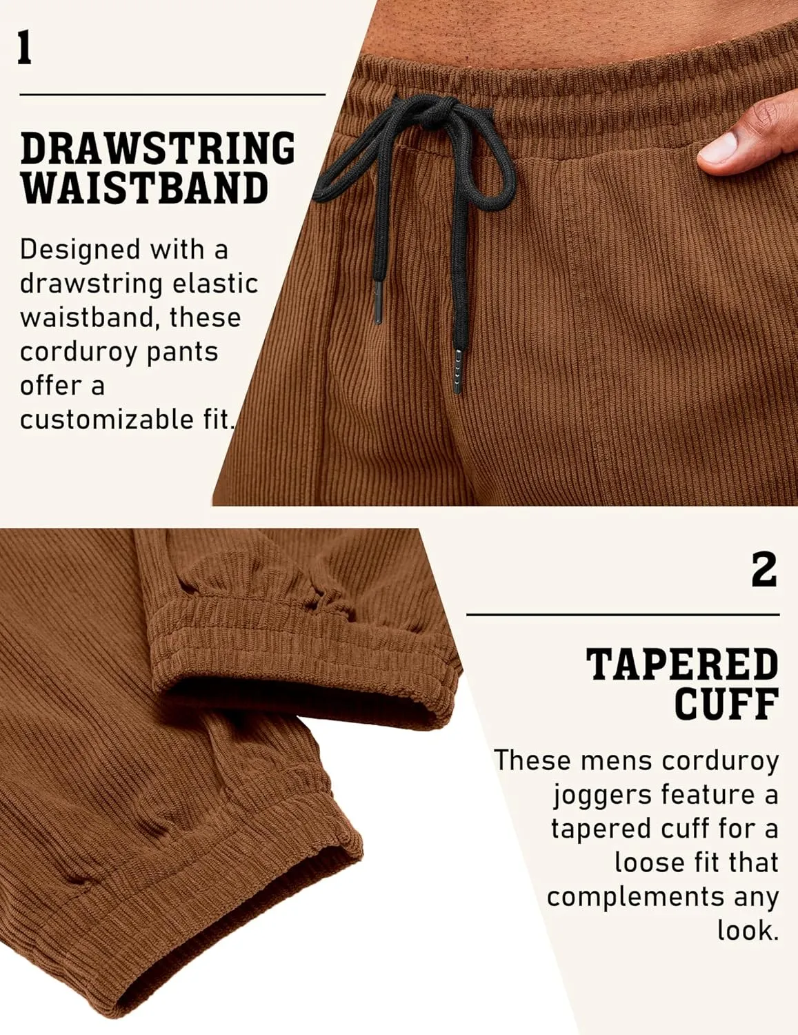 COOFANDY Men's Corduroy Pants Casual Drawstring Trousers Elastic Waist Fashion Tapered Streetwear Joggers with Pockets