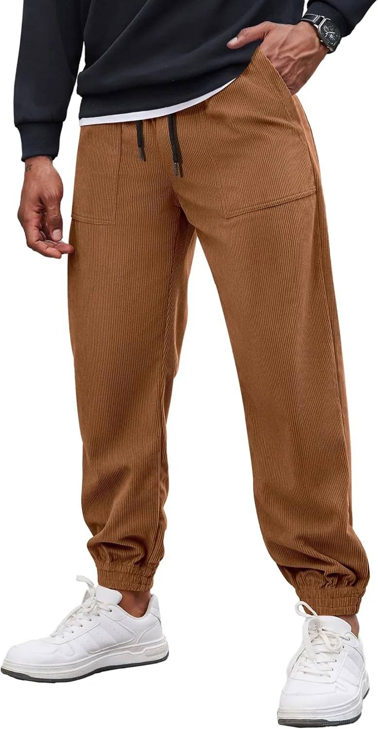 COOFANDY Men's Corduroy Pants Casual Drawstring Trousers Elastic Waist Fashion Tapered Streetwear Joggers with Pockets