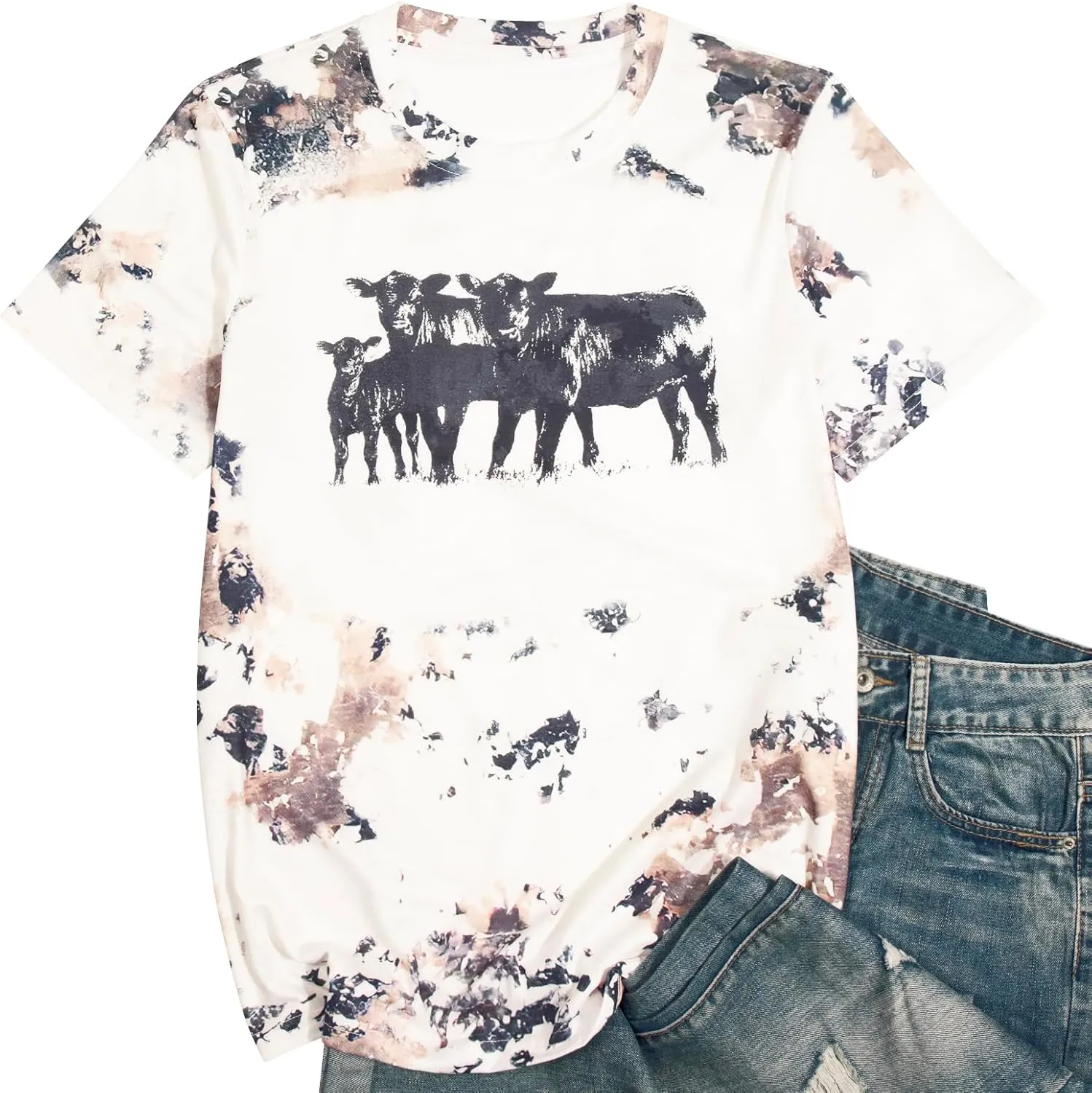 Cow Shirts for Women Easily Distracted by Cows Bleached Cowgirl T-Shirt Short Sleeve Vintage Western Tops