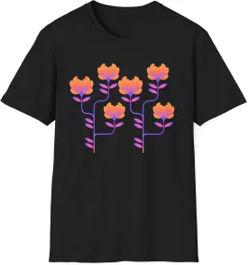 Floral Graphic Tee, Orange Purple Abstract Flower Shirt, Softstyle Unisex T-Shirt, Bright Floral Print Top, Hipster Tee,