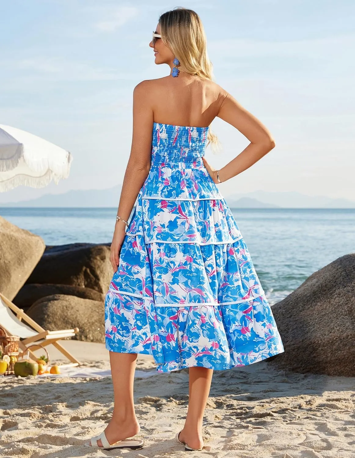 GRACE KARIN 2025 Women's Summer Floral Dress Strapless Smocked Tube Dress Boho Beach A-Line Midi Dresses with Pockets