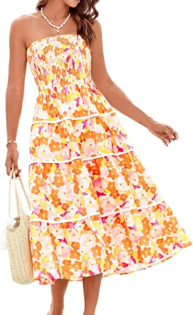 GRACE KARIN 2025 Women's Summer Floral Dress Strapless Smocked Tube Dress Boho Beach A-Line Midi Dresses with Pockets