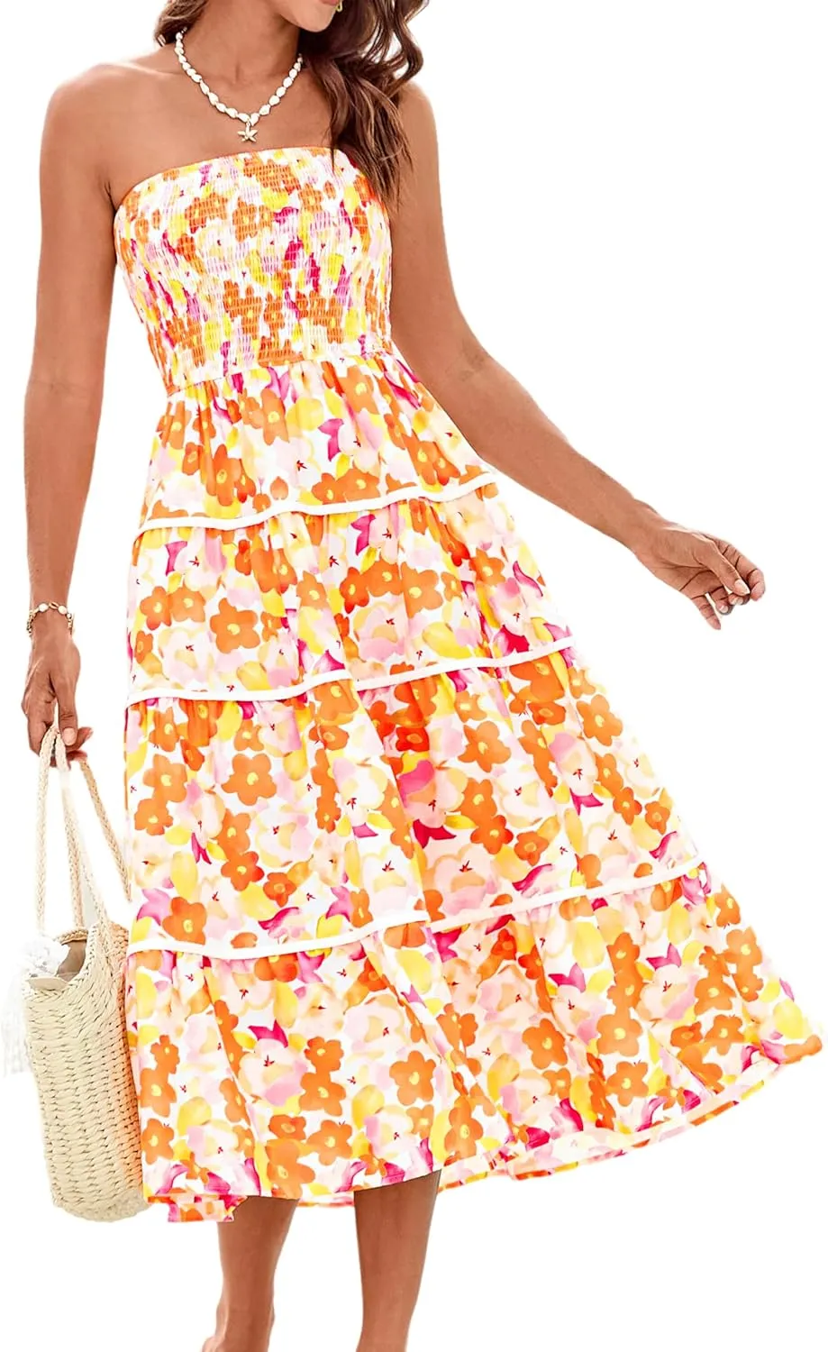 GRACE KARIN 2025 Women's Summer Floral Dress Strapless Smocked Tube Dress Boho Beach A-Line Midi Dresses with Pockets