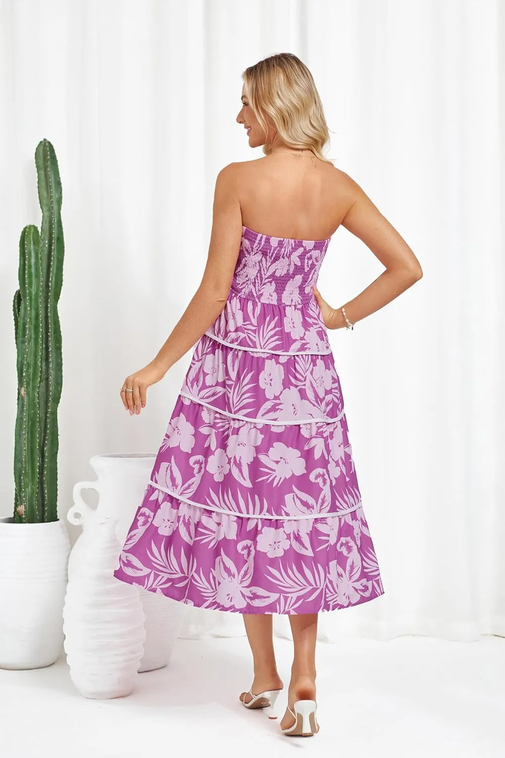 GRACE KARIN 2025 Women's Summer Floral Dress Strapless Smocked Tube Dress Boho Beach A-Line Midi Dresses with Pockets