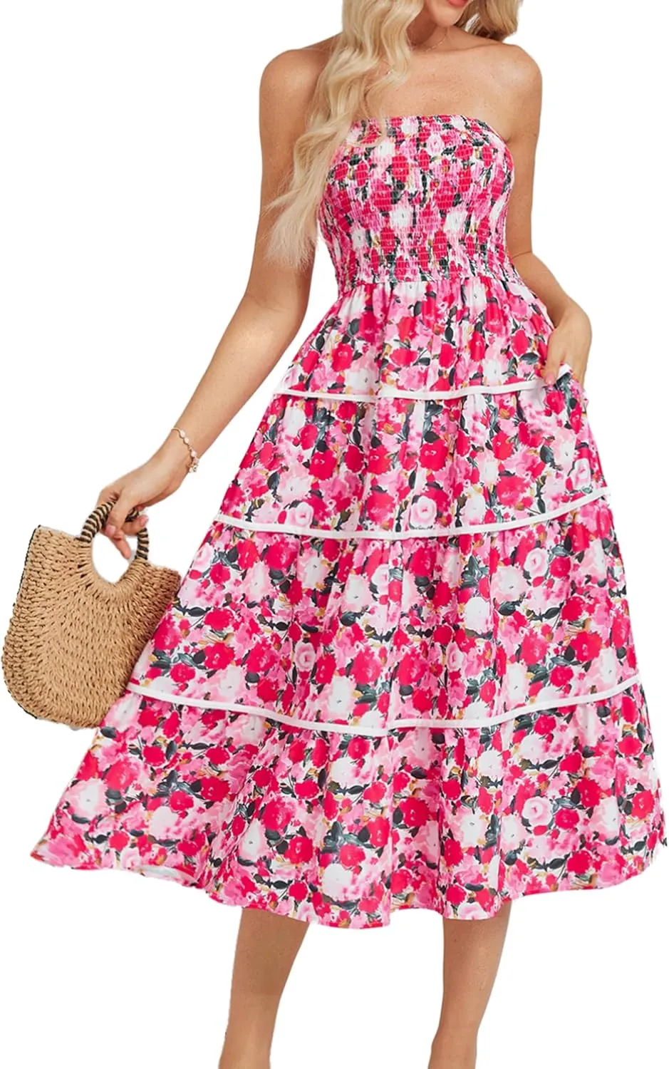 GRACE KARIN 2025 Women's Summer Floral Dress Strapless Smocked Tube Dress Boho Beach A-Line Midi Dresses with Pockets