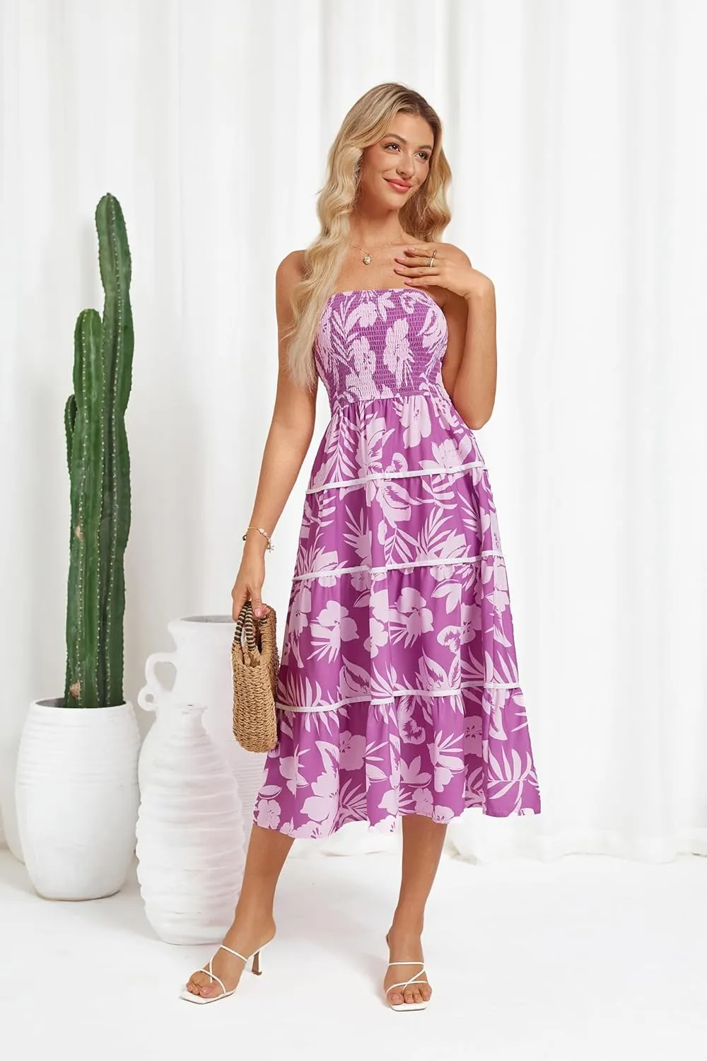 GRACE KARIN 2025 Women's Summer Floral Dress Strapless Smocked Tube Dress Boho Beach A-Line Midi Dresses with Pockets