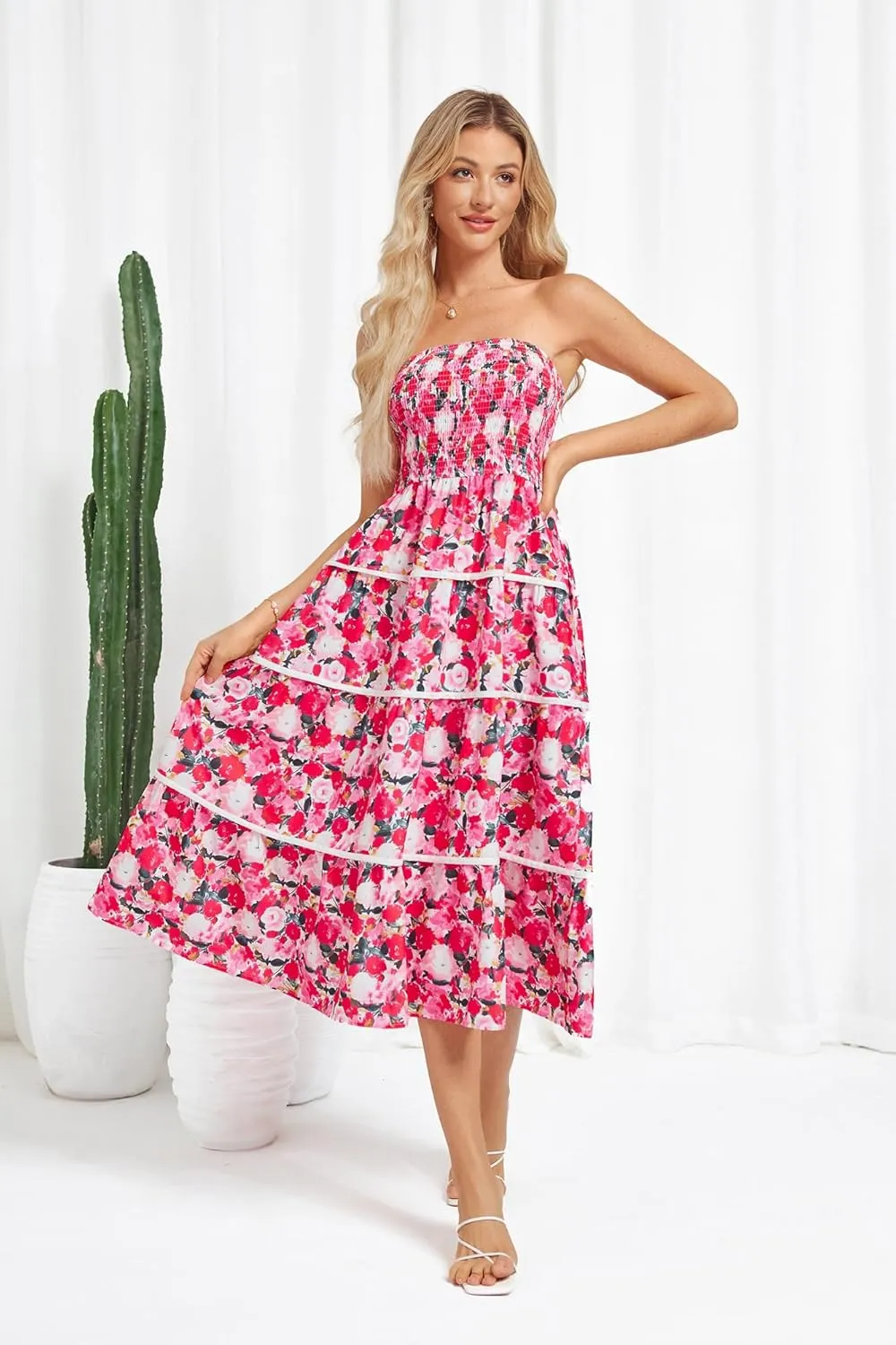 GRACE KARIN 2025 Women's Summer Floral Dress Strapless Smocked Tube Dress Boho Beach A-Line Midi Dresses with Pockets