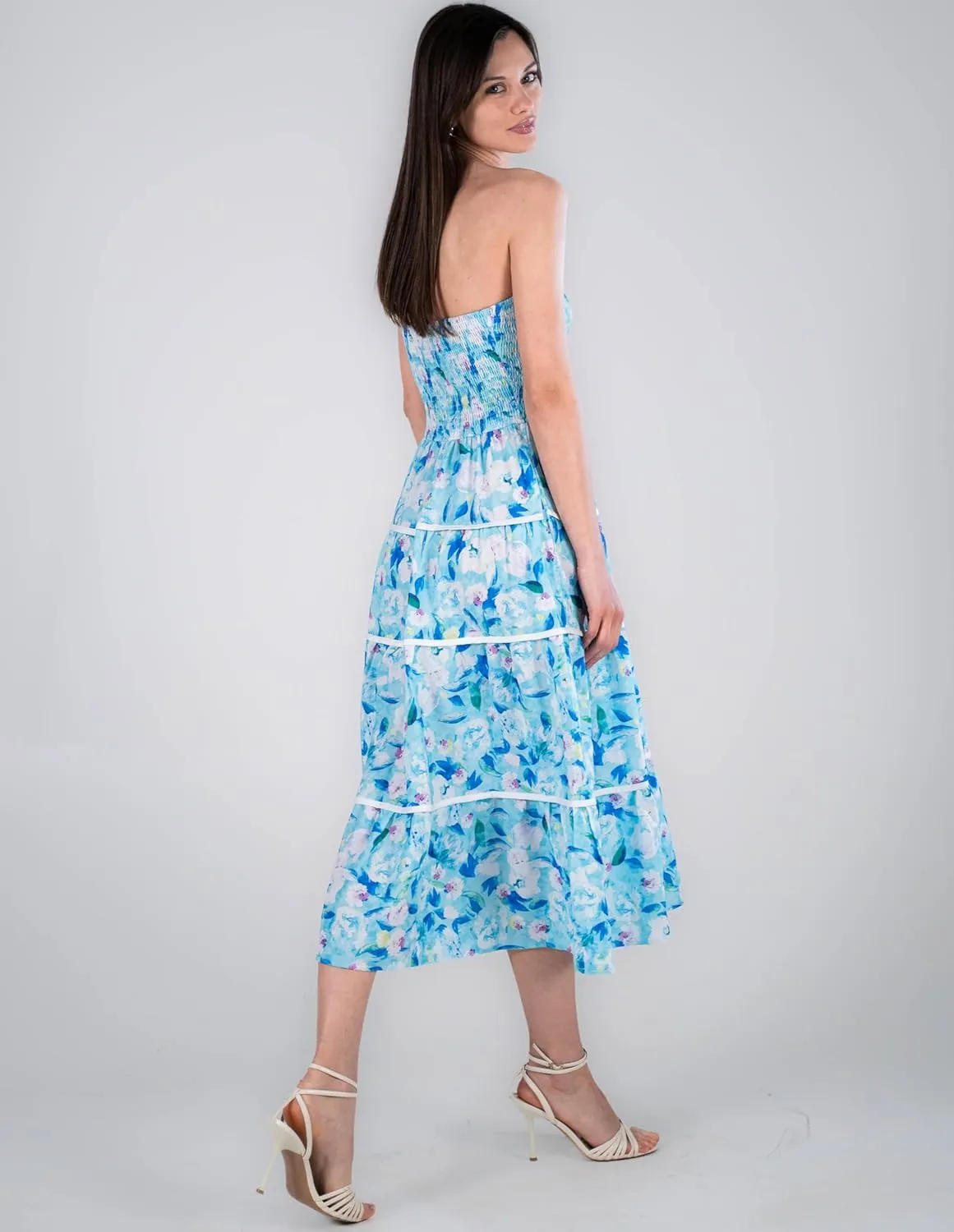 GRACE KARIN 2025 Women's Summer Floral Dress Strapless Smocked Tube Dress Boho Beach A-Line Midi Dresses with Pockets