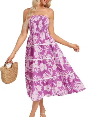 GRACE KARIN 2025 Women's Summer Floral Dress Strapless Smocked Tube Dress Boho Beach A-Line Midi Dresses with Pockets