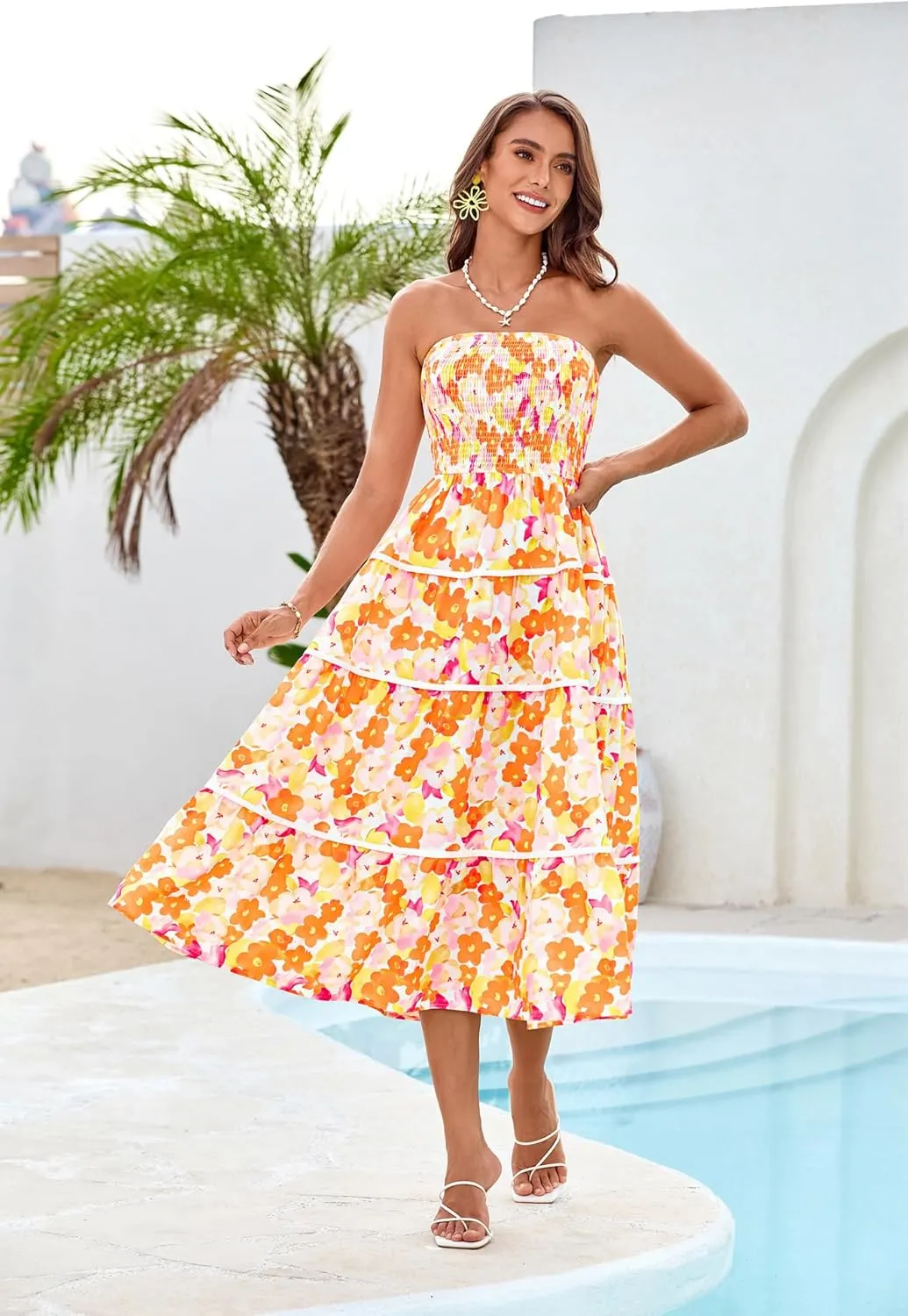 GRACE KARIN 2025 Women's Summer Floral Dress Strapless Smocked Tube Dress Boho Beach A-Line Midi Dresses with Pockets