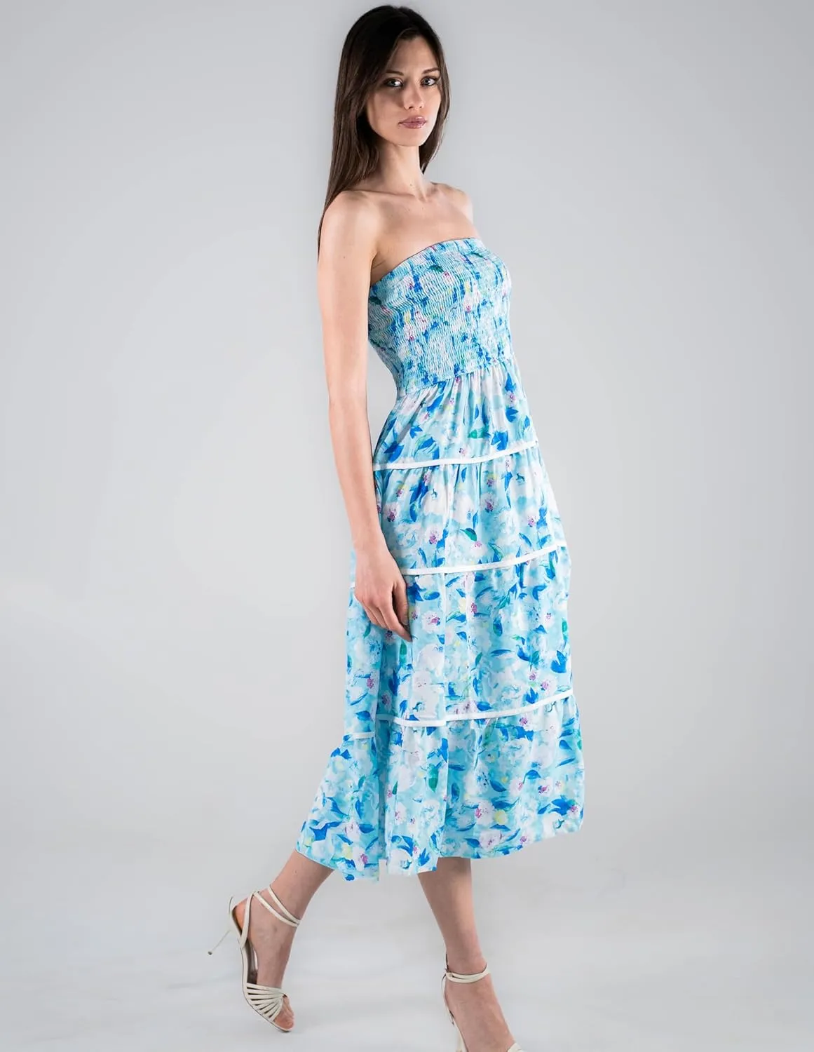 GRACE KARIN 2025 Women's Summer Floral Dress Strapless Smocked Tube Dress Boho Beach A-Line Midi Dresses with Pockets