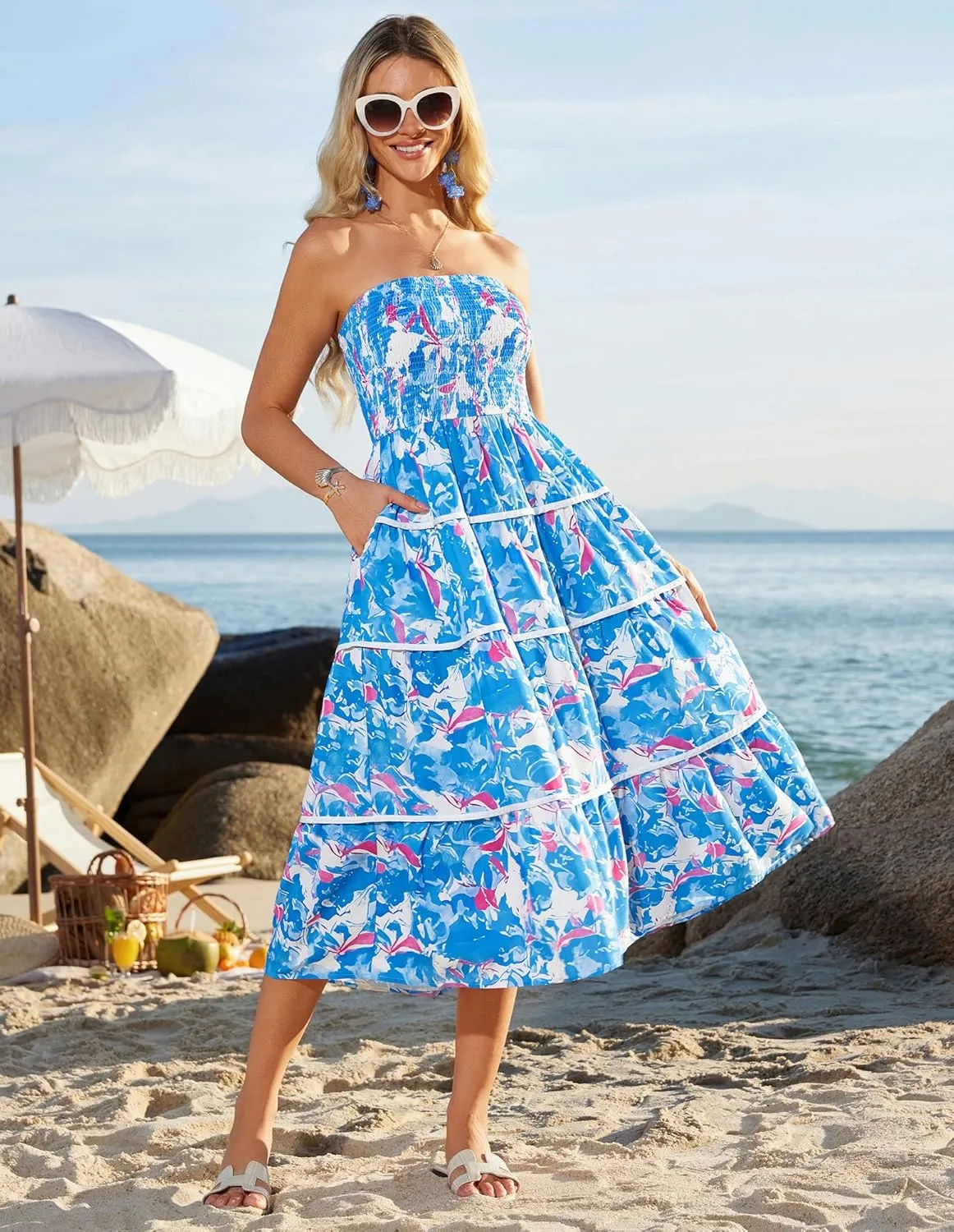 GRACE KARIN 2025 Women's Summer Floral Dress Strapless Smocked Tube Dress Boho Beach A-Line Midi Dresses with Pockets