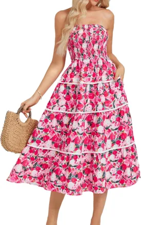 GRACE KARIN 2025 Women's Summer Floral Dress Strapless Smocked Tube Dress Boho Beach A-Line Midi Dresses with Pockets