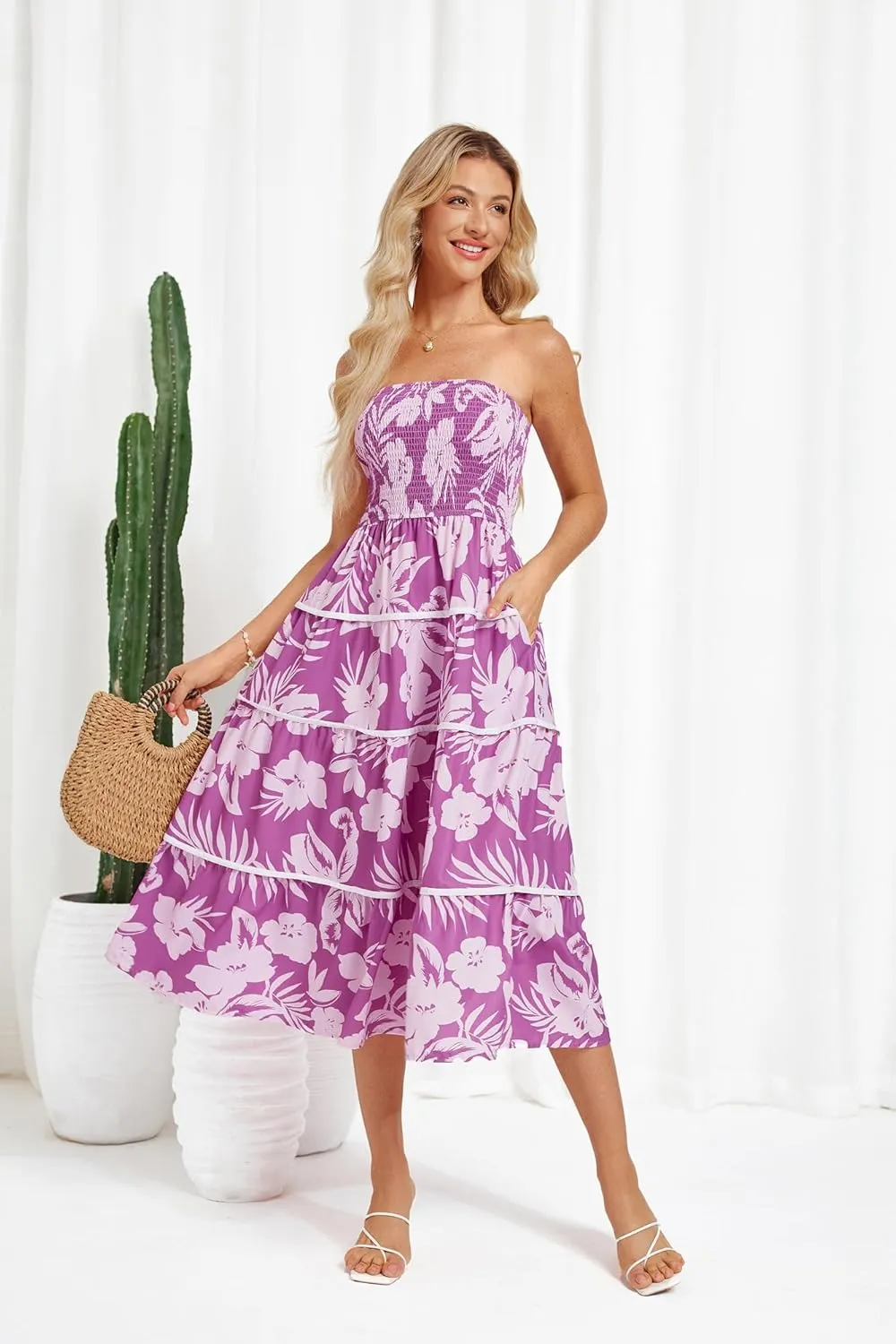 GRACE KARIN 2025 Women's Summer Floral Dress Strapless Smocked Tube Dress Boho Beach A-Line Midi Dresses with Pockets