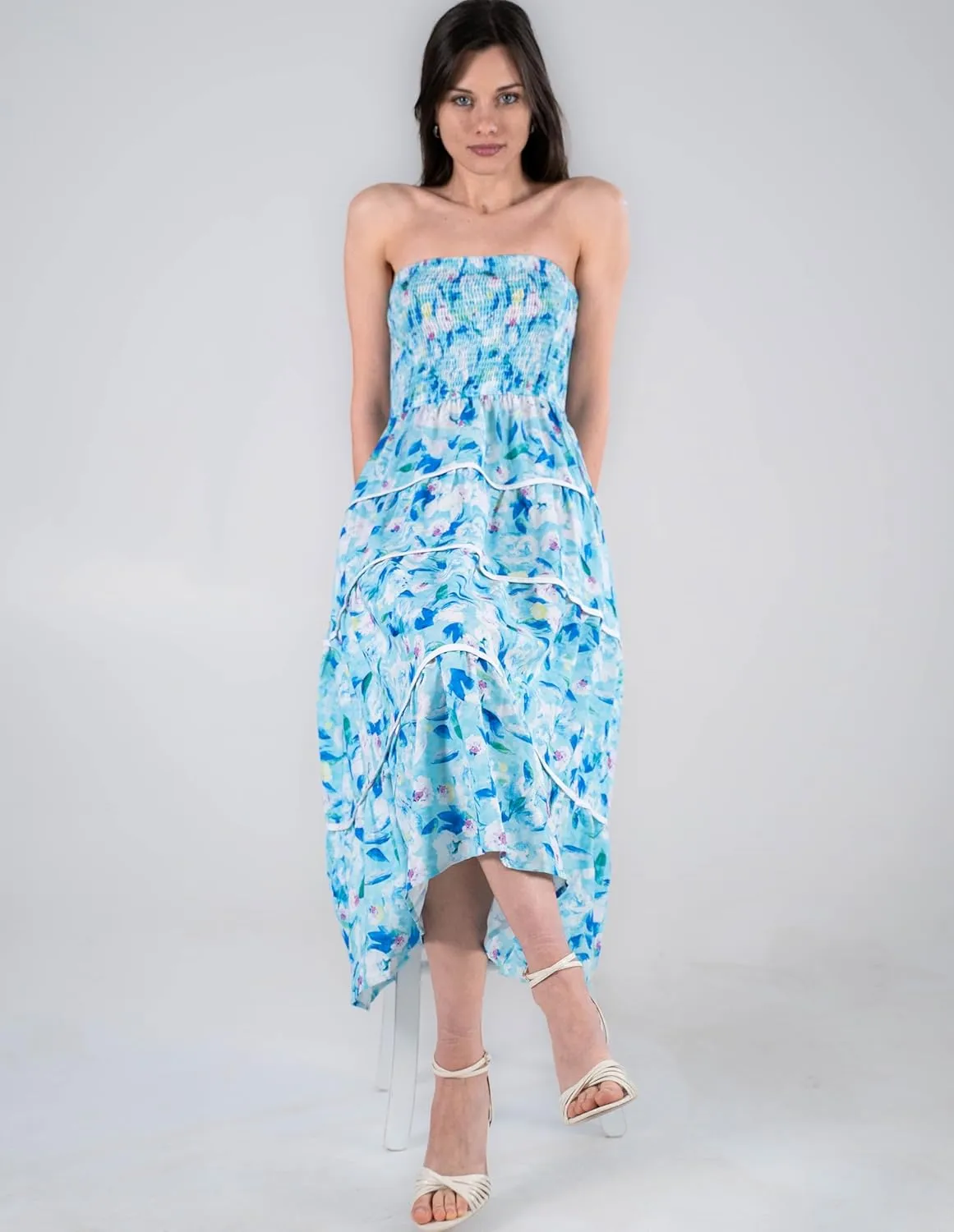 GRACE KARIN 2025 Women's Summer Floral Dress Strapless Smocked Tube Dress Boho Beach A-Line Midi Dresses with Pockets