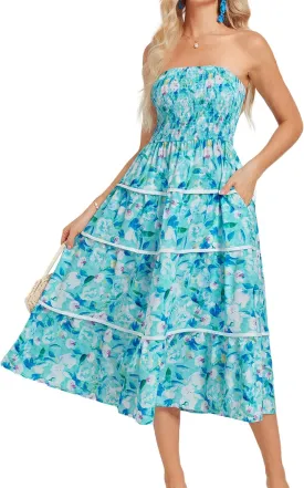 GRACE KARIN 2025 Women's Summer Floral Dress Strapless Smocked Tube Dress Boho Beach A-Line Midi Dresses with Pockets
