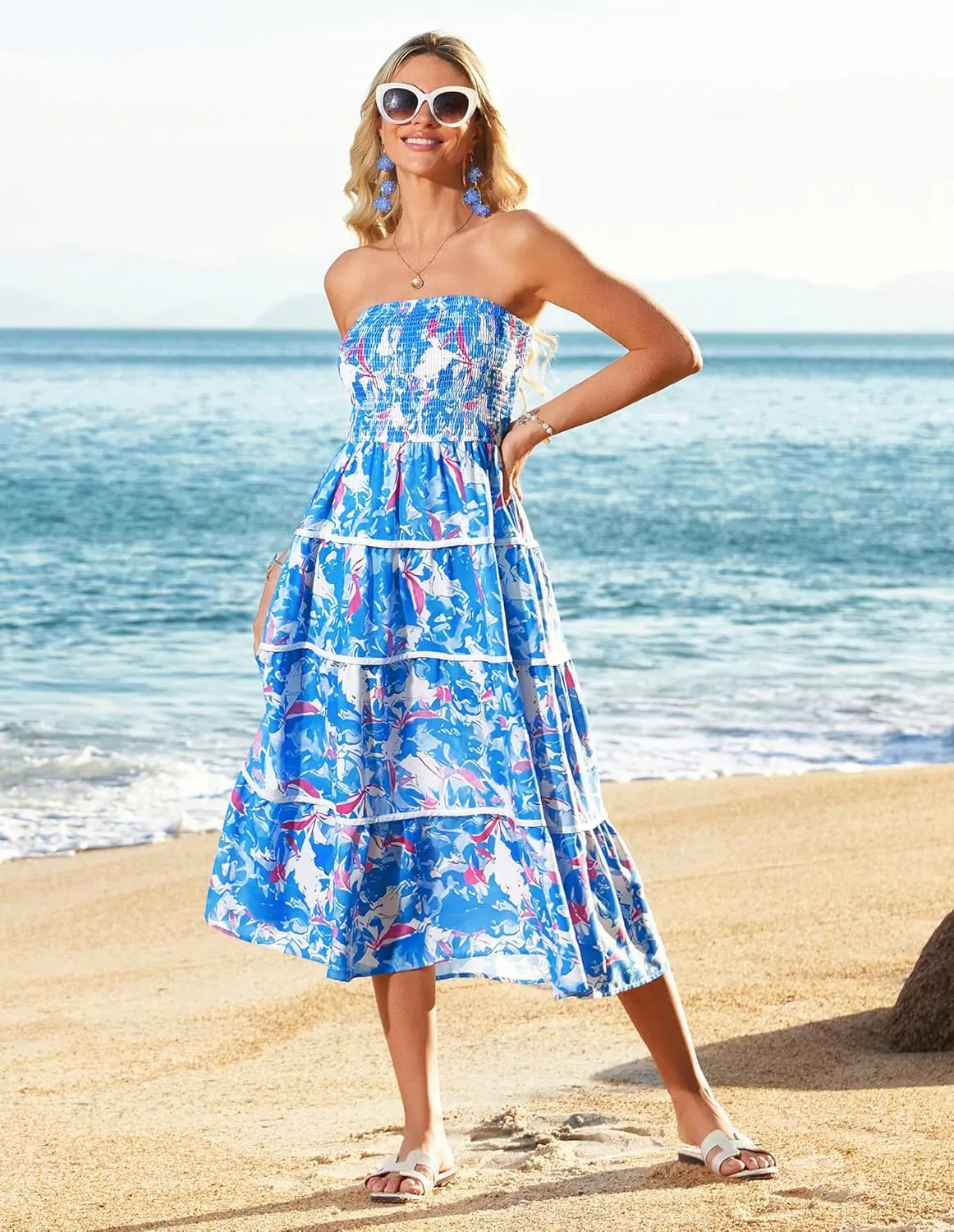 GRACE KARIN 2025 Women's Summer Floral Dress Strapless Smocked Tube Dress Boho Beach A-Line Midi Dresses with Pockets