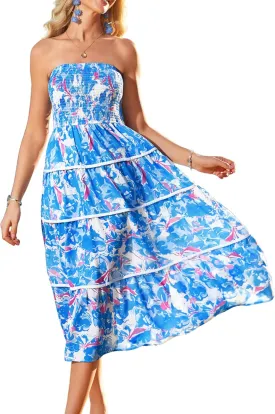 GRACE KARIN 2025 Women's Summer Floral Dress Strapless Smocked Tube Dress Boho Beach A-Line Midi Dresses with Pockets