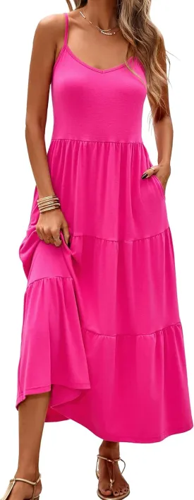 Halife Womens Flowy Tiered Maxi Dress Sleeveless Summer Sundresses Adjustable Straps Long Beach Sun Dresses with Pockets