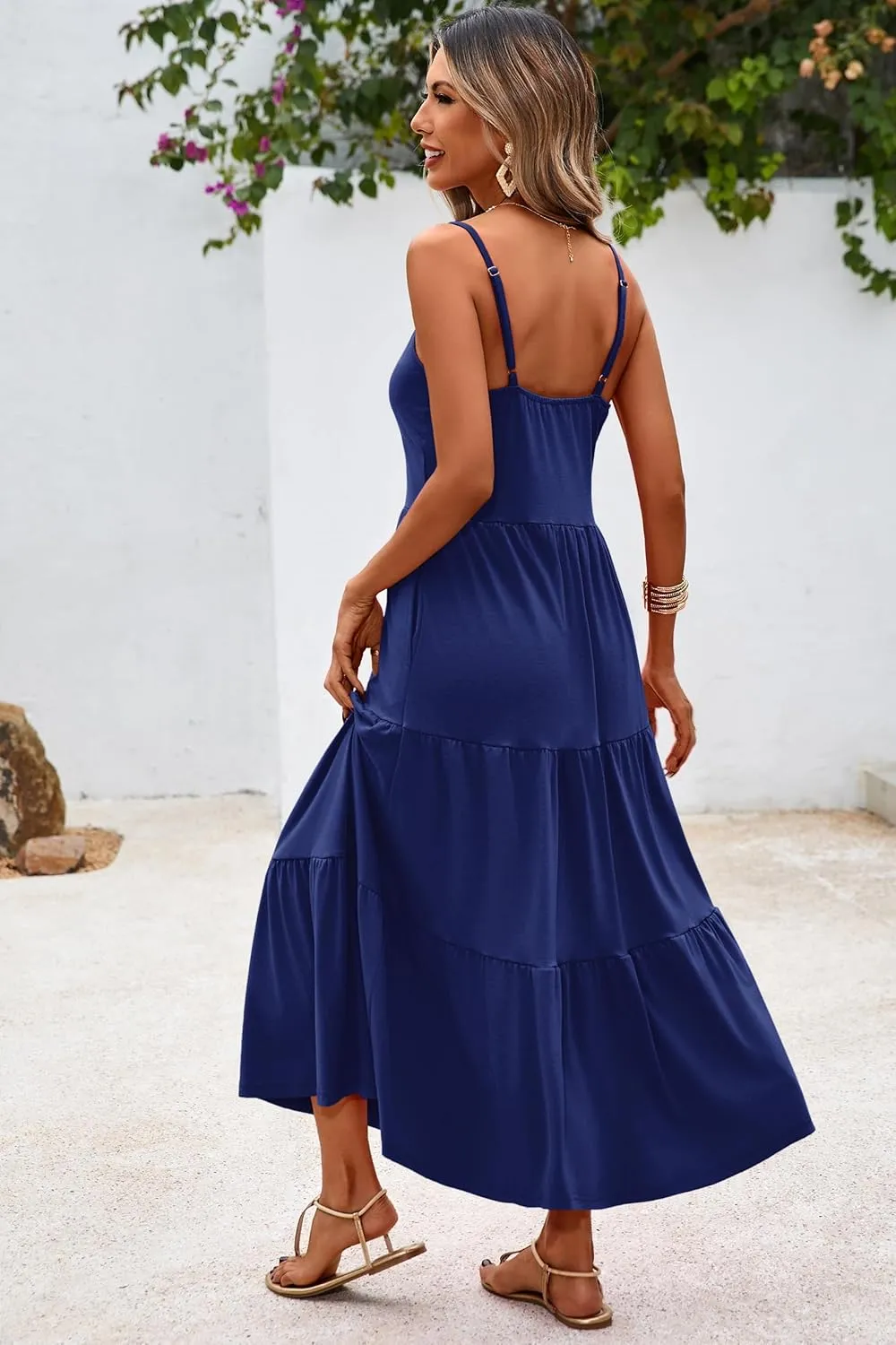 Halife Womens Flowy Tiered Maxi Dress Sleeveless Summer Sundresses Adjustable Straps Long Beach Sun Dresses with Pockets