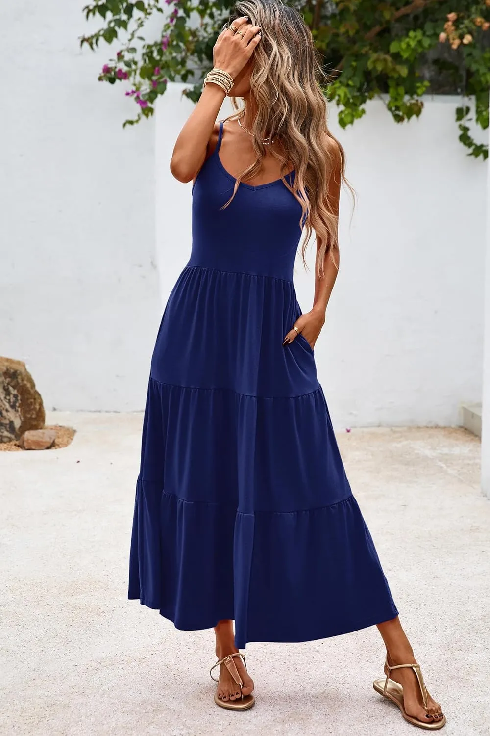 Halife Womens Flowy Tiered Maxi Dress Sleeveless Summer Sundresses Adjustable Straps Long Beach Sun Dresses with Pockets