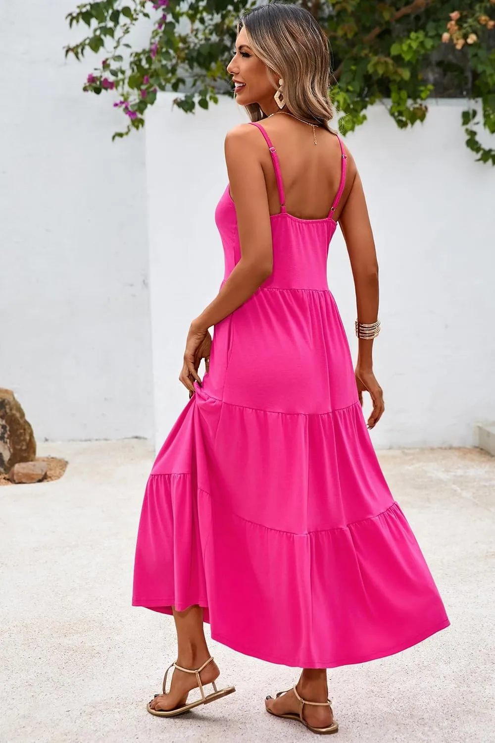 Halife Womens Flowy Tiered Maxi Dress Sleeveless Summer Sundresses Adjustable Straps Long Beach Sun Dresses with Pockets