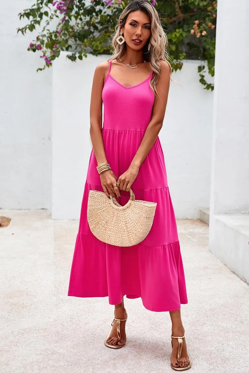 Halife Womens Flowy Tiered Maxi Dress Sleeveless Summer Sundresses Adjustable Straps Long Beach Sun Dresses with Pockets