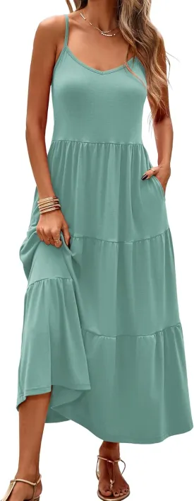 Halife Womens Flowy Tiered Maxi Dress Sleeveless Summer Sundresses Adjustable Straps Long Beach Sun Dresses with Pockets