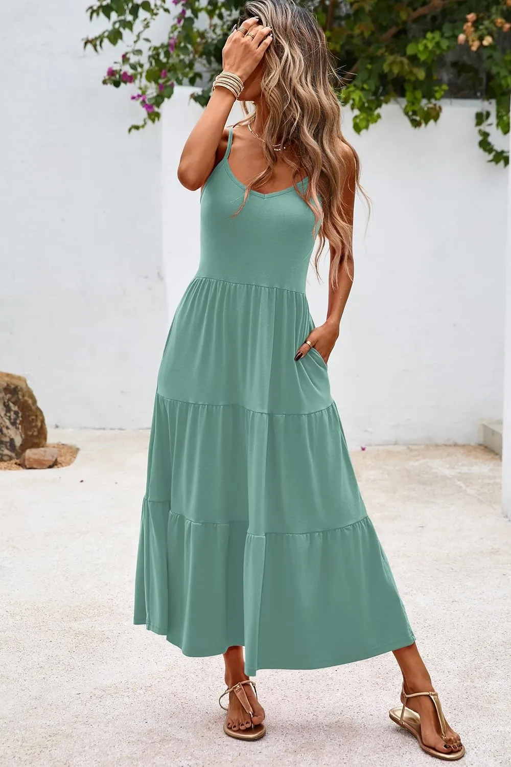 Halife Womens Flowy Tiered Maxi Dress Sleeveless Summer Sundresses Adjustable Straps Long Beach Sun Dresses with Pockets