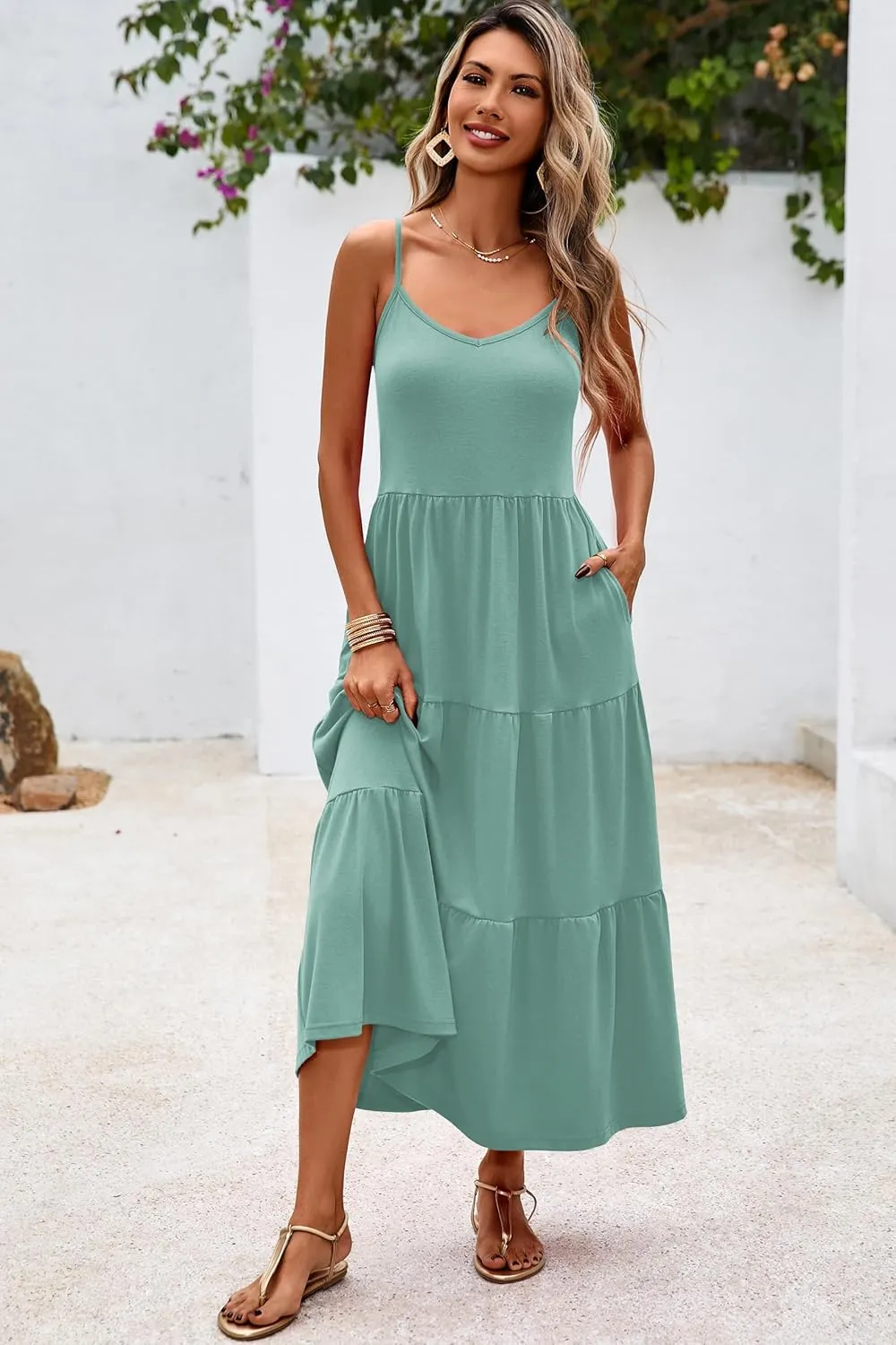 Halife Womens Flowy Tiered Maxi Dress Sleeveless Summer Sundresses Adjustable Straps Long Beach Sun Dresses with Pockets