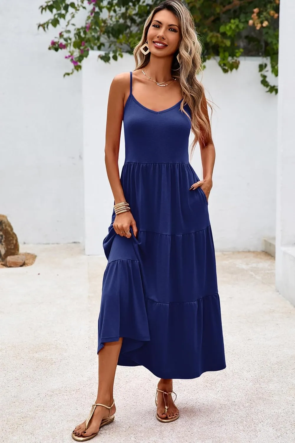 Halife Womens Flowy Tiered Maxi Dress Sleeveless Summer Sundresses Adjustable Straps Long Beach Sun Dresses with Pockets