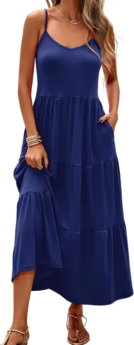 Halife Womens Flowy Tiered Maxi Dress Sleeveless Summer Sundresses Adjustable Straps Long Beach Sun Dresses with Pockets