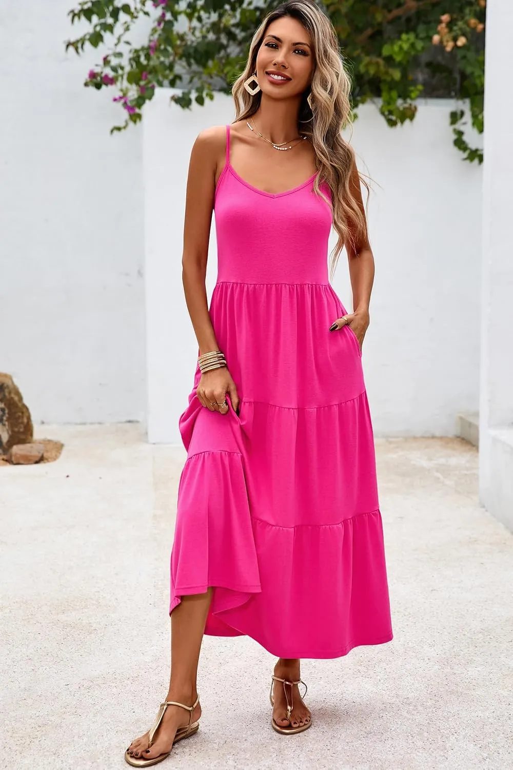 Halife Womens Flowy Tiered Maxi Dress Sleeveless Summer Sundresses Adjustable Straps Long Beach Sun Dresses with Pockets