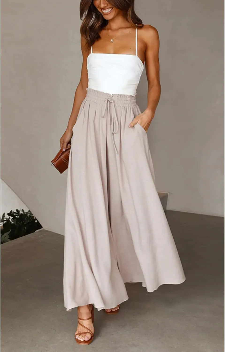 Hooever Women's Wide Leg Pants Flowy Drape Ruffle Drawstring Waist Palazzo Pants