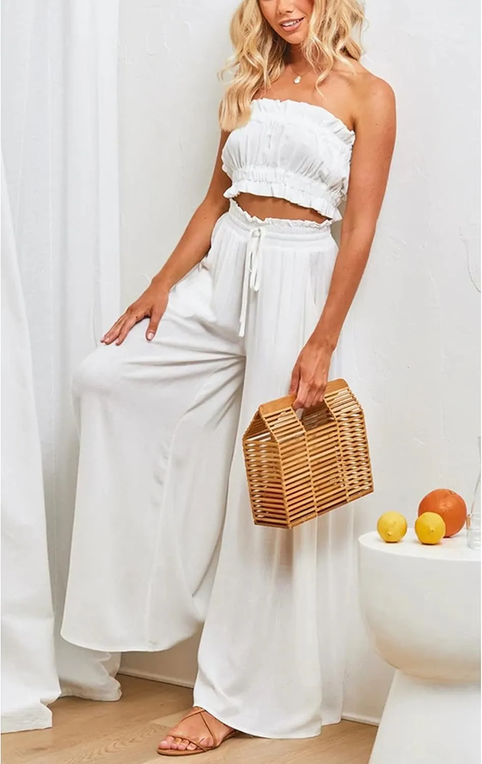 Hooever Women's Wide Leg Pants Flowy Drape Ruffle Drawstring Waist Palazzo Pants