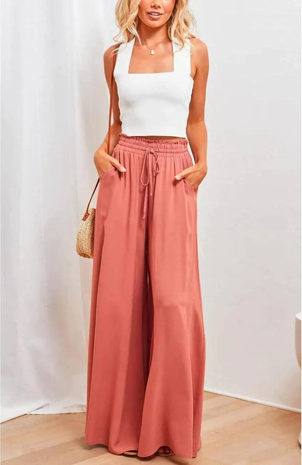 Hooever Women's Wide Leg Pants Flowy Drape Ruffle Drawstring Waist Palazzo Pants