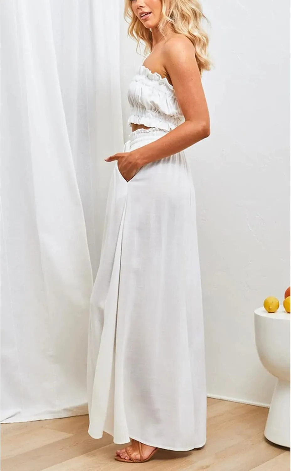Hooever Women's Wide Leg Pants Flowy Drape Ruffle Drawstring Waist Palazzo Pants