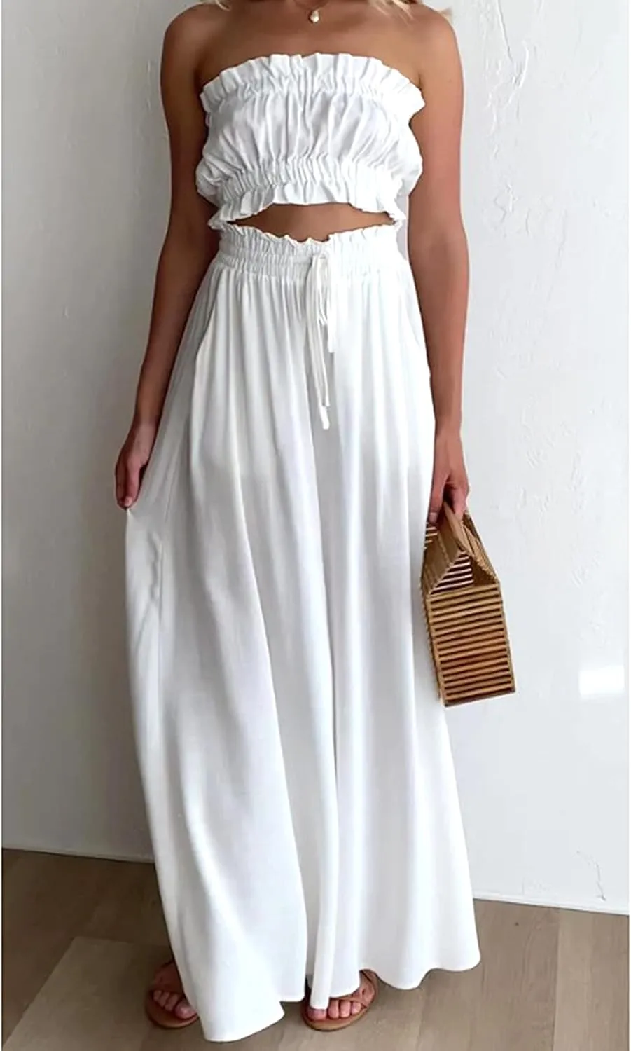 Hooever Women's Wide Leg Pants Flowy Drape Ruffle Drawstring Waist Palazzo Pants