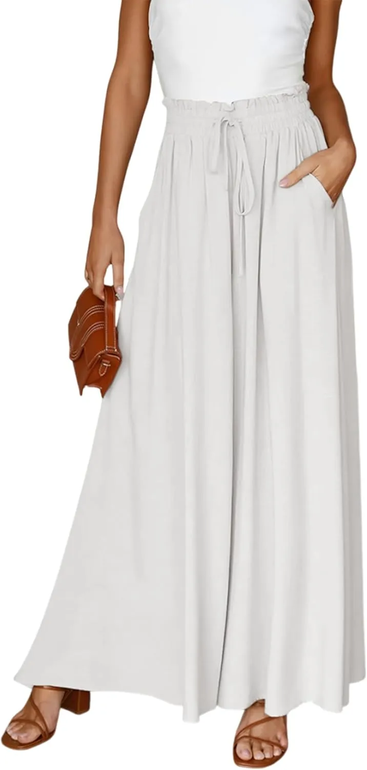Hooever Women's Wide Leg Pants Flowy Drape Ruffle Drawstring Waist Palazzo Pants