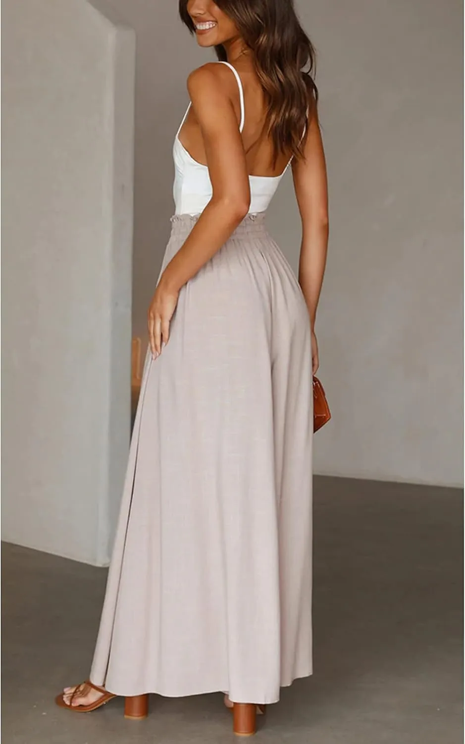 Hooever Women's Wide Leg Pants Flowy Drape Ruffle Drawstring Waist Palazzo Pants