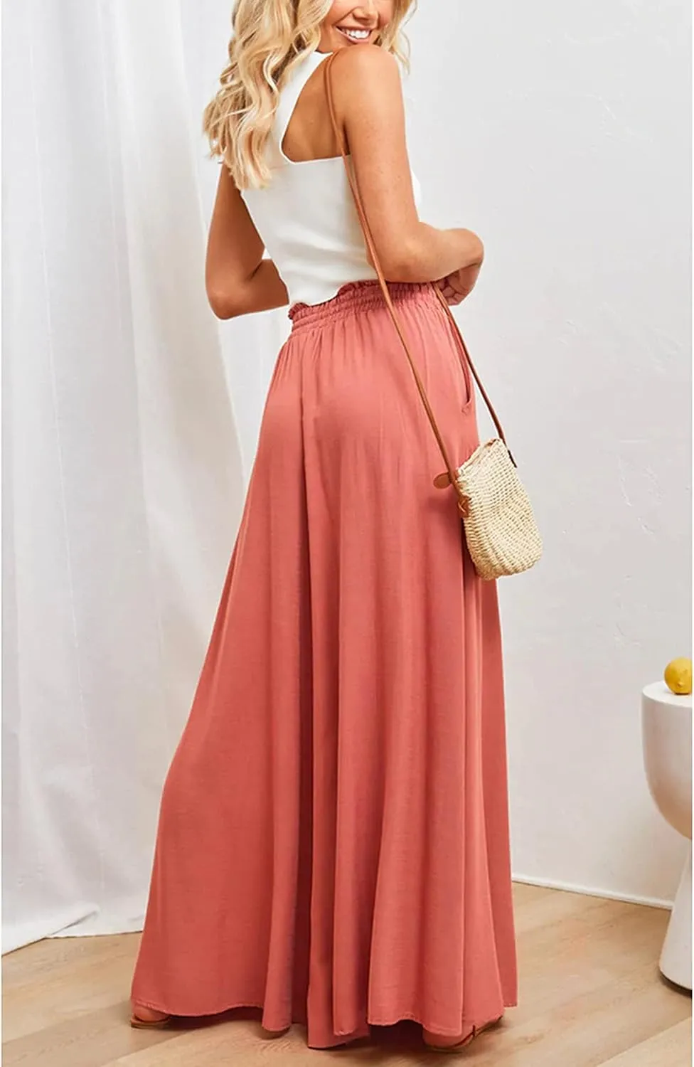Hooever Women's Wide Leg Pants Flowy Drape Ruffle Drawstring Waist Palazzo Pants