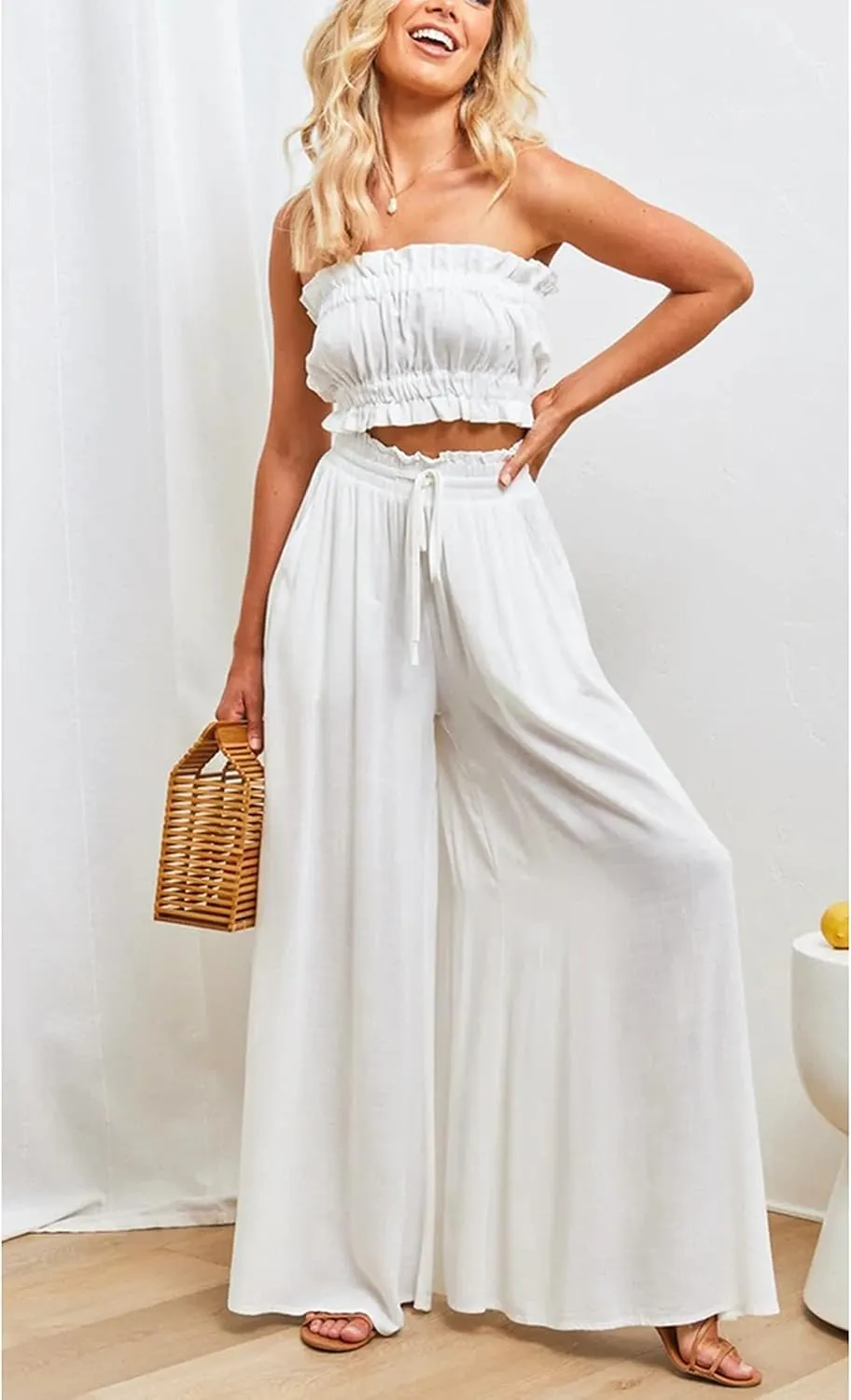 Hooever Women's Wide Leg Pants Flowy Drape Ruffle Drawstring Waist Palazzo Pants
