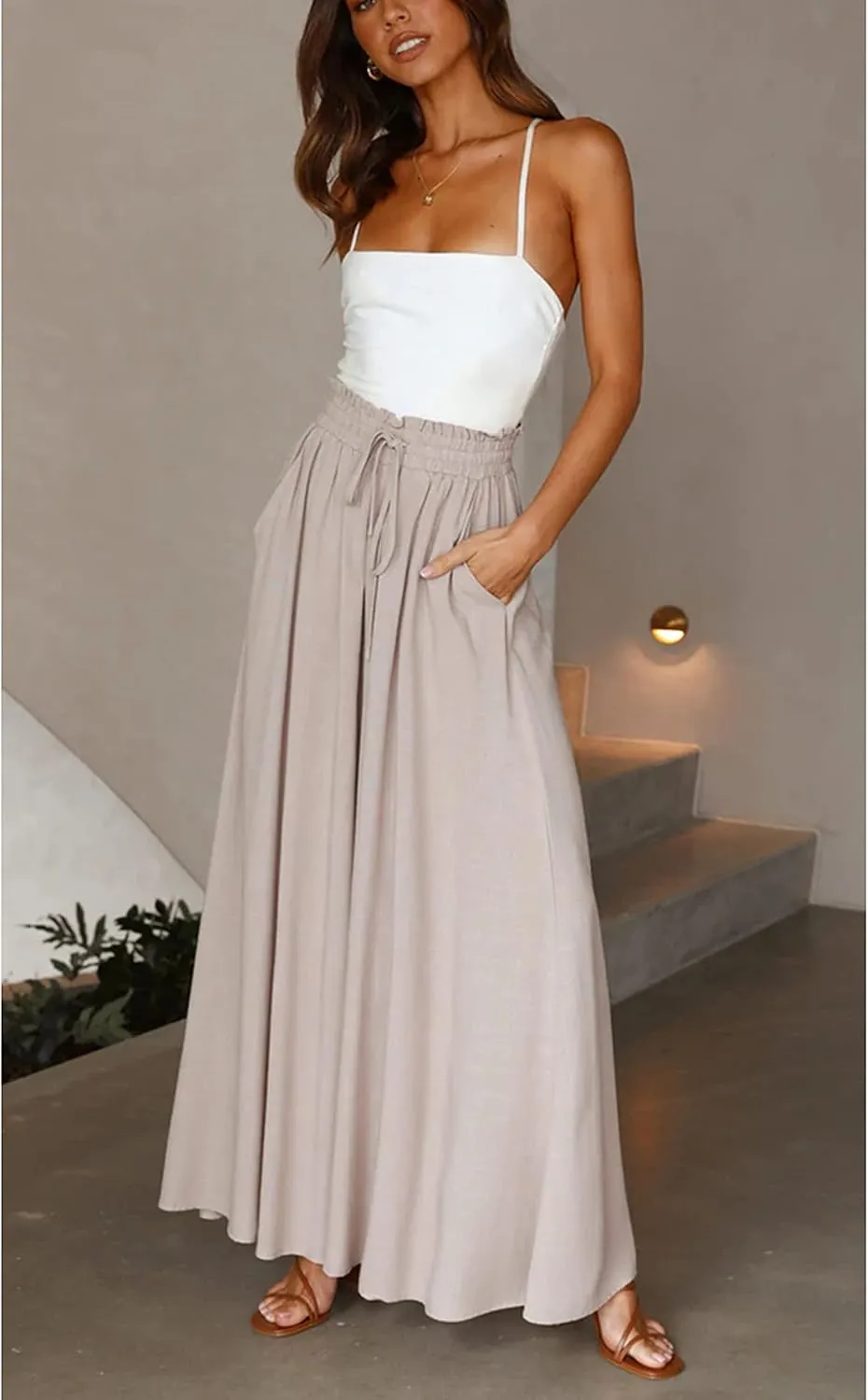 Hooever Women's Wide Leg Pants Flowy Drape Ruffle Drawstring Waist Palazzo Pants