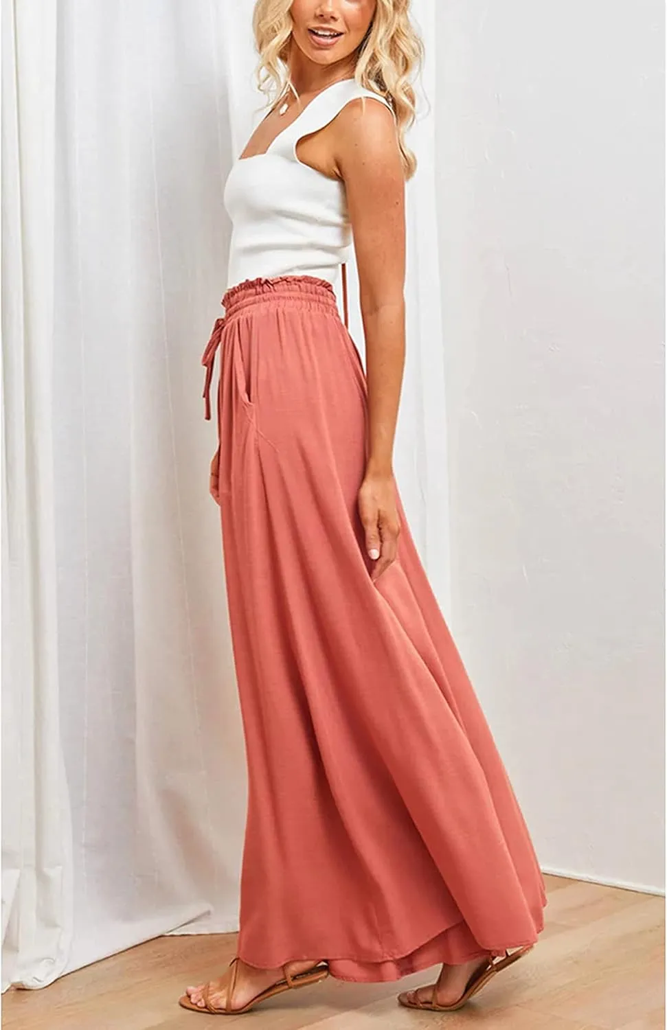 Hooever Women's Wide Leg Pants Flowy Drape Ruffle Drawstring Waist Palazzo Pants
